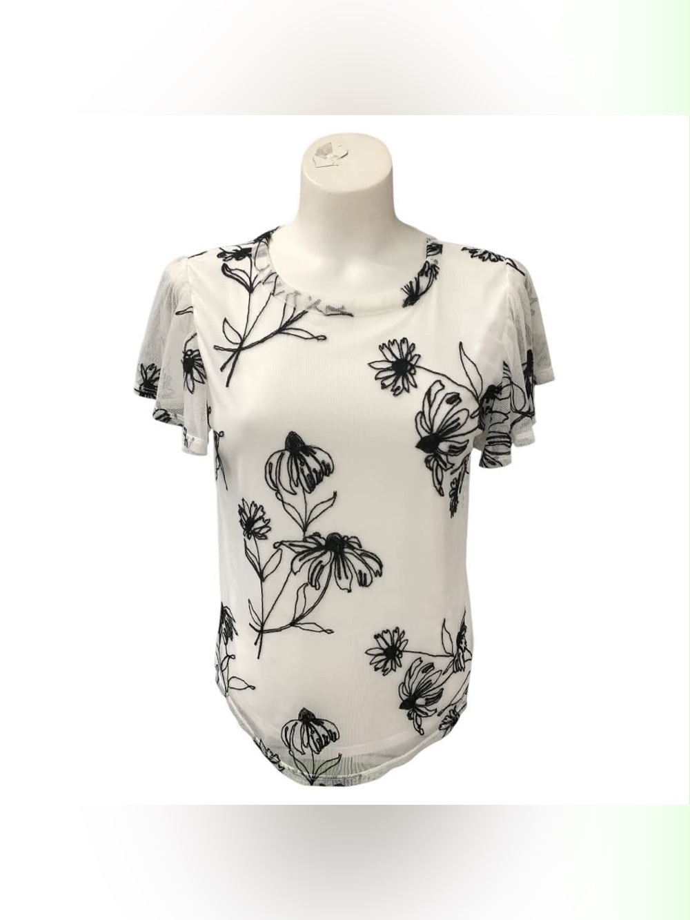 Kim & Cami White Short Sleeve Floral Mesh Overlay Top Size S